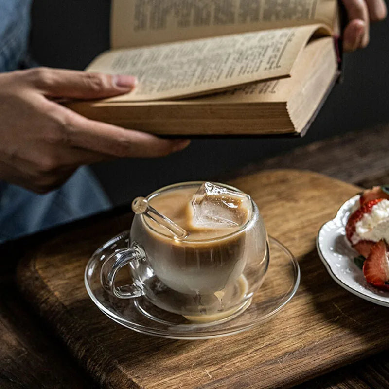 180/250ml Double Wall Glass With Dish And Spoon Clear Glass Espresso Cups Set Heat Resistant Handle Coffee Mug Drinkware