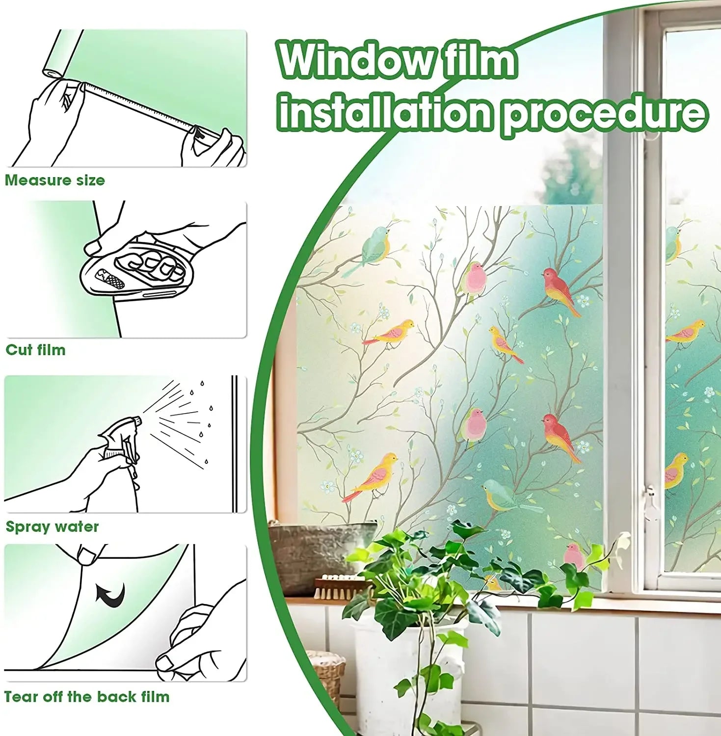 Privacy Window Film Opaque Static Cling Non Adhesive Film Bird Decals Decorative Glass Cover Tint Frosted Stickers for Home
