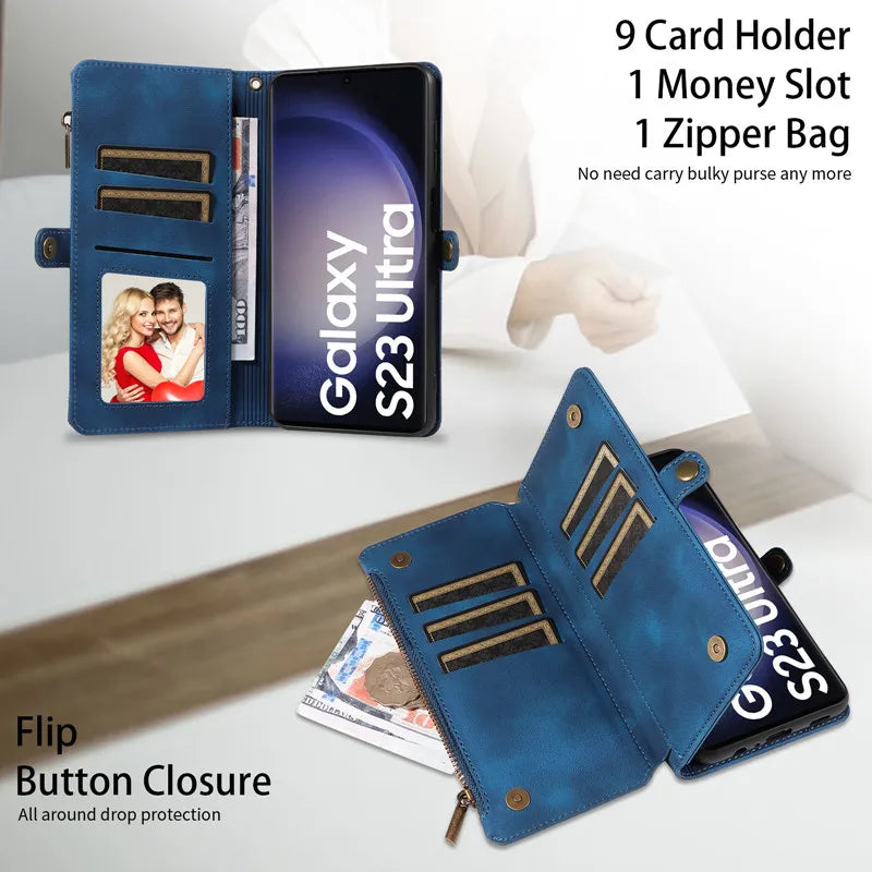 Luxury Leather Flip Wallet Case with Lanyard for Samsung Galaxy S26 / S25 / S24 / S23 Ultra & Plus – Magnetic Full Coverage Phone Bag Cover