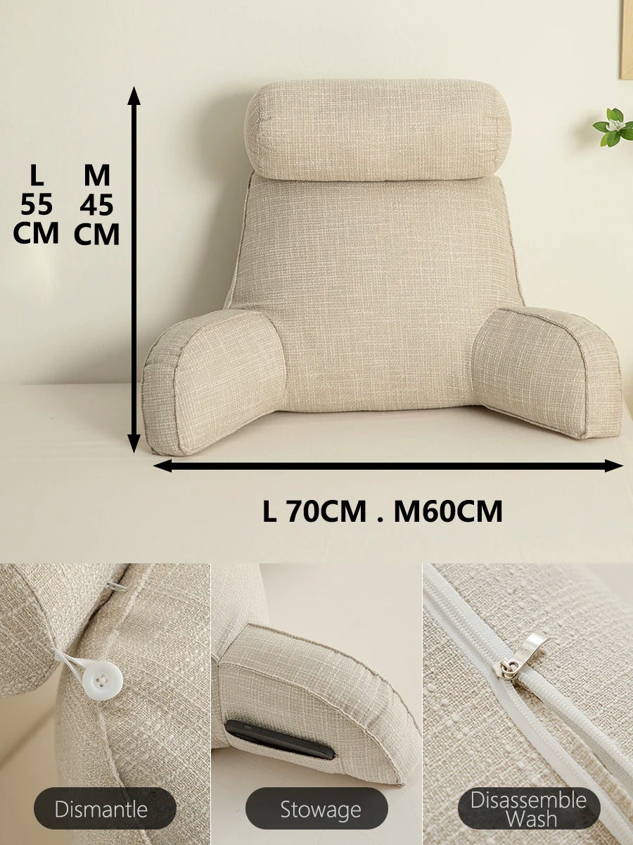 Reading Study Pillow,Bed Wedge with Arms and Pockets Bolster Back Support, Lumbar for Sofa,Office Chair Decorative Pillow