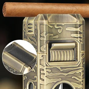 Cigar Lighter, 7-in-1 Cigar Lighter, Dual-Flame Windproof, Built-in Dual Punch, V-Cut, Flat Cut, Cigar Holder (No Butane)