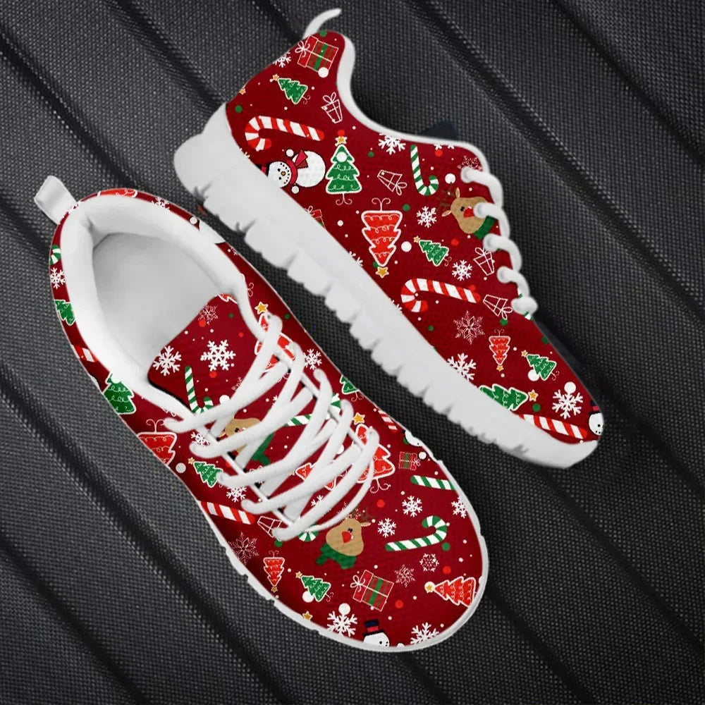 Wear-Resistant Casual Sneakers Santa Claus Snowflake Pattern Lace up Flat Shoes Women Mens Tennis Christmas Gifts