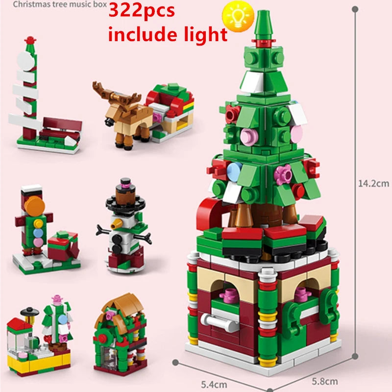 DIY 8in1 Lights Christmas Elk Deer Santa Claus Train Architecture Store Street View Xmas Tree Snow House Building Block Kit Toy