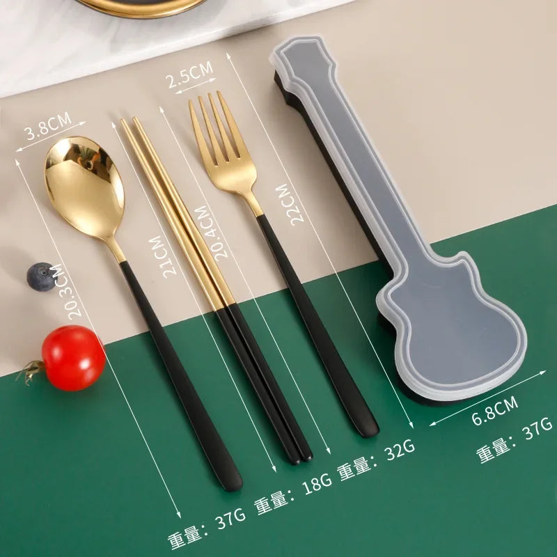 2/3Pcs Cutlery Set Fork Spoon Chopsticks Dinnerware Set 304 Stainless Steel Portable Travel Flatware Guitar Box