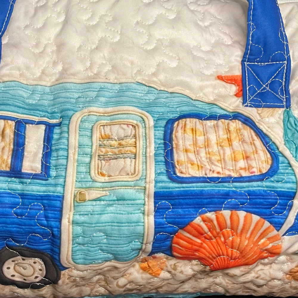 3D Printed Quilted Travel Handbag Camper Van Design with Sea Shell Starfish Lightweight Weekender Vacation Carry-On Duffel Bag