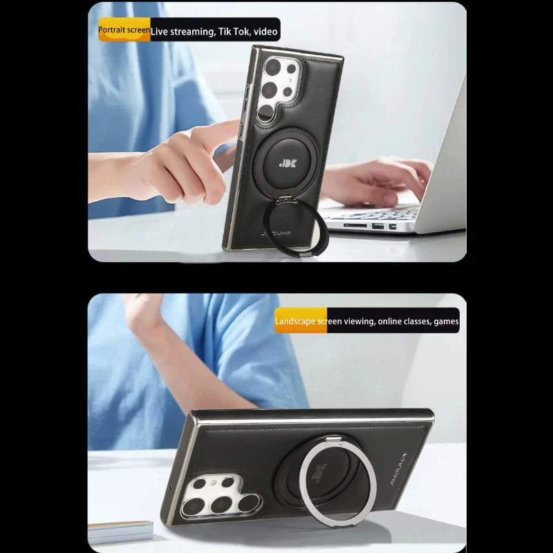 For Magsafe  360°Rotating Metal Car Bracket Ring Solid Color Leather Phone Case For Samsung S24 Ultra S22 S23 Ultra Plus