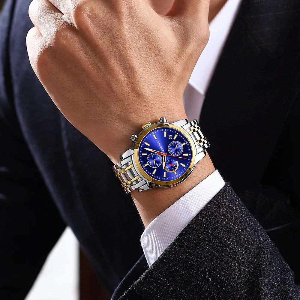 Men Watch Quartz Chronograph Full Steel Waterproof Wristwatch with Date