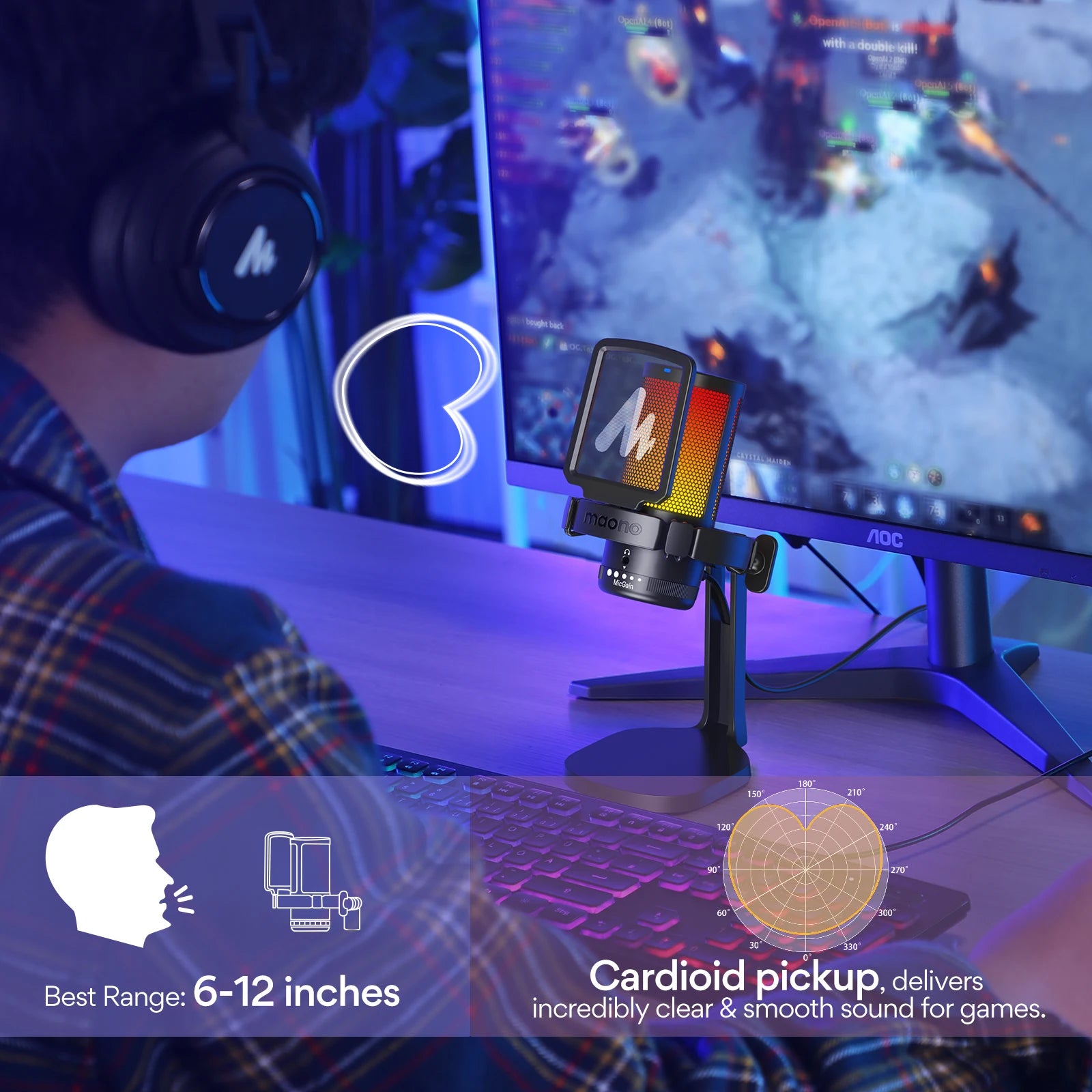 DGM20 Gaming Microphone,USB Microphone Condenser Mic RGB Gaming Mic with Noise reduction software,Mic Gain,One Key Mute