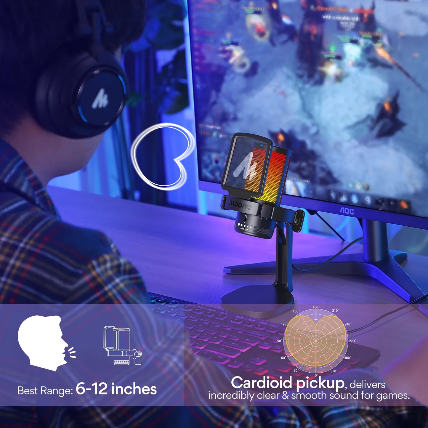 DGM20 Gaming Microphone,USB Microphone Condenser Mic RGB Gaming Mic with Noise reduction software,Mic Gain,One Key Mute