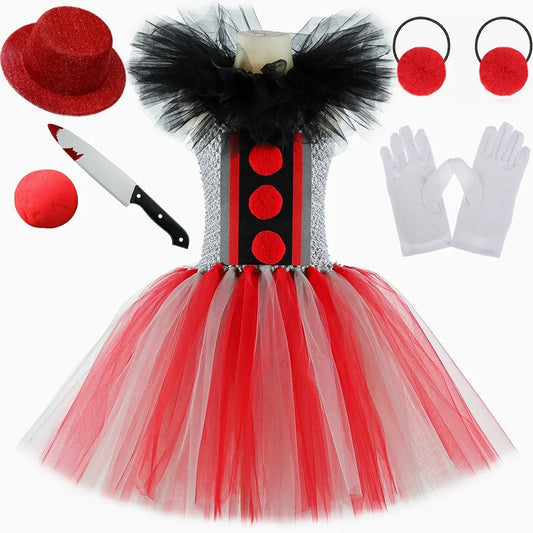 Scary Clown Costume for Girls Horror Halloween Tutu Dress Outfit Creepy Killer Clowns Costumes Kids Carnival Party Tulle Dresses