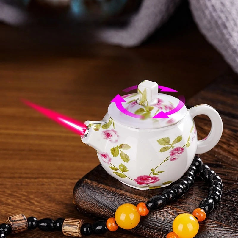 Creative Teapot Gas Lighter Adjustable Flames with Playing Inflation Windproof Red Flame Cigarette Accessories Unique Gift