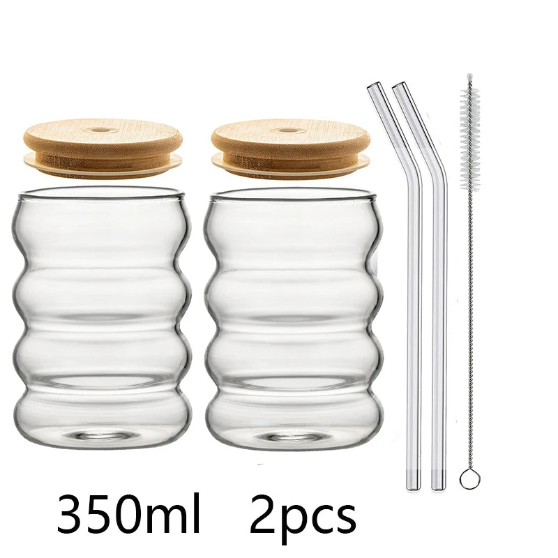 1/2pcs Beverage Glasses With Straws Glass Cups clear Ripple Drinking Glasses for Juice Beer Wine Champagne Cocktail 350/500ml