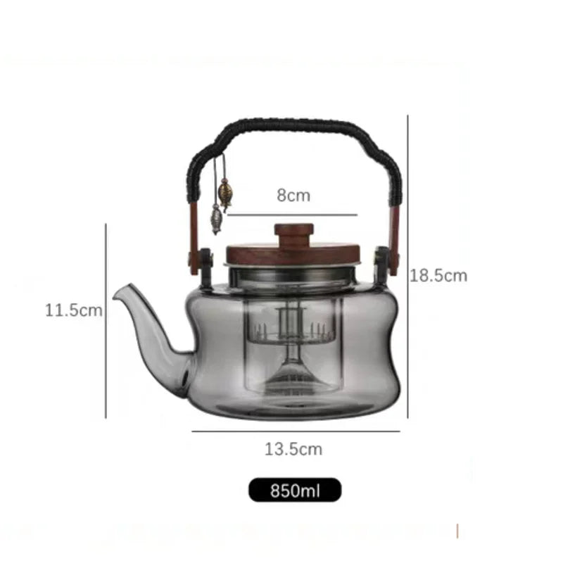 850ml Wooden Handle Glass Teapot with Infuser Household Heat-Resistant Brewing Tea Coffee Pot Kungfu Tea Set Teaware