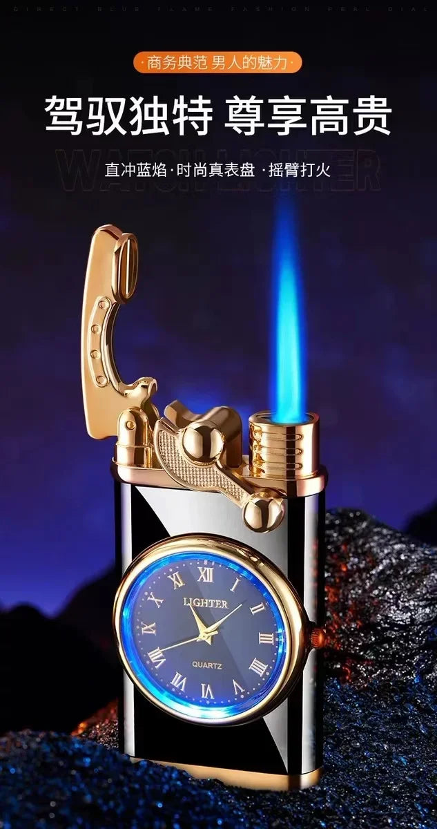 Rocker Arm Dial Metal Gas Lighters Jet, Butane Torch, Real Watch Lighter, Cigarette Cigar Lighter, Smoking Gadgets for Men