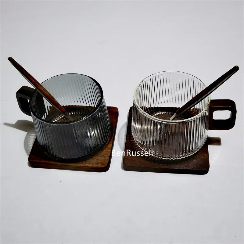 300ml Heat-resistant Stripe American Latte Glass Coffee Mug With Wooden Tray Spoon Milk Tea Cup Fresh Ground Coffee Cup