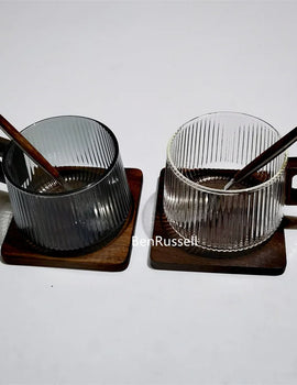 300ml Heat-resistant Stripe American Latte Glass Coffee Mug With Wooden Tray Spoon Milk Tea Cup Fresh Ground Coffee Cup