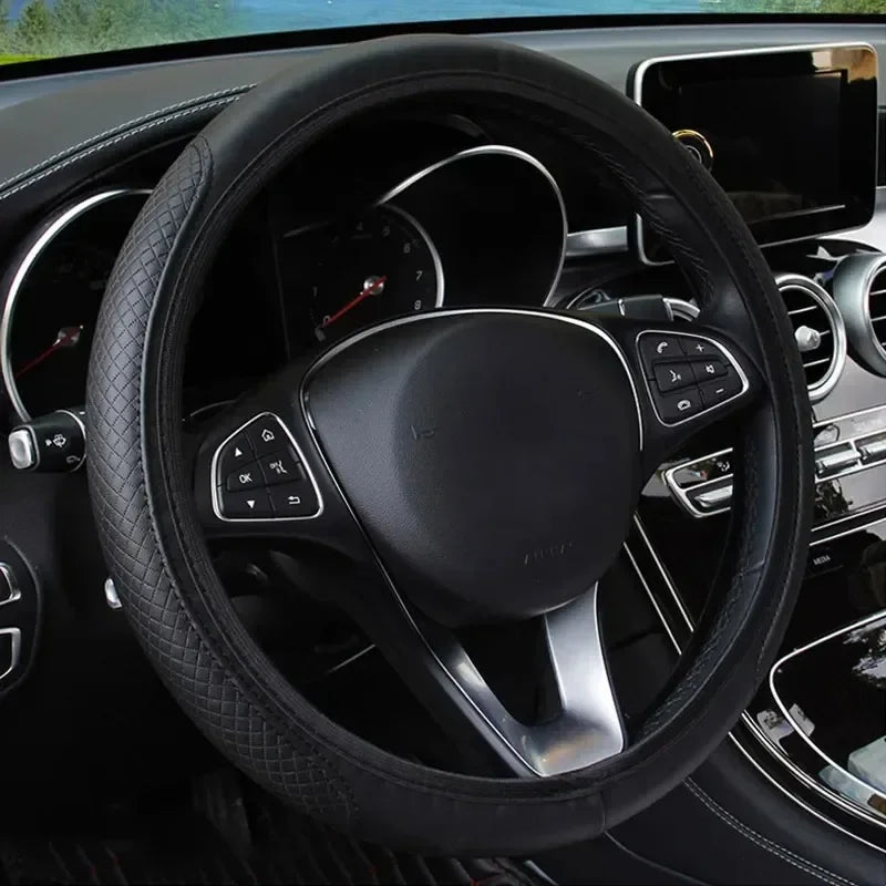 Embossed Leather Car Steering Wheel Cover Anti Slip 37CM 39CM