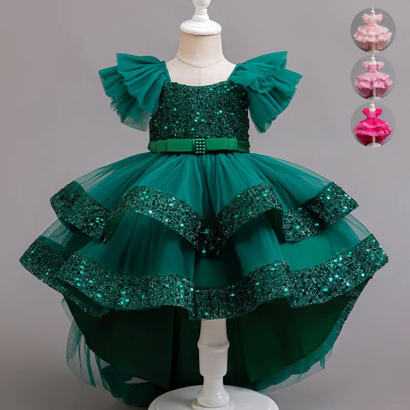 Sparkling Girls' Evening Gown - Sequin Dress with Train for Birthday Party & Piano Recital