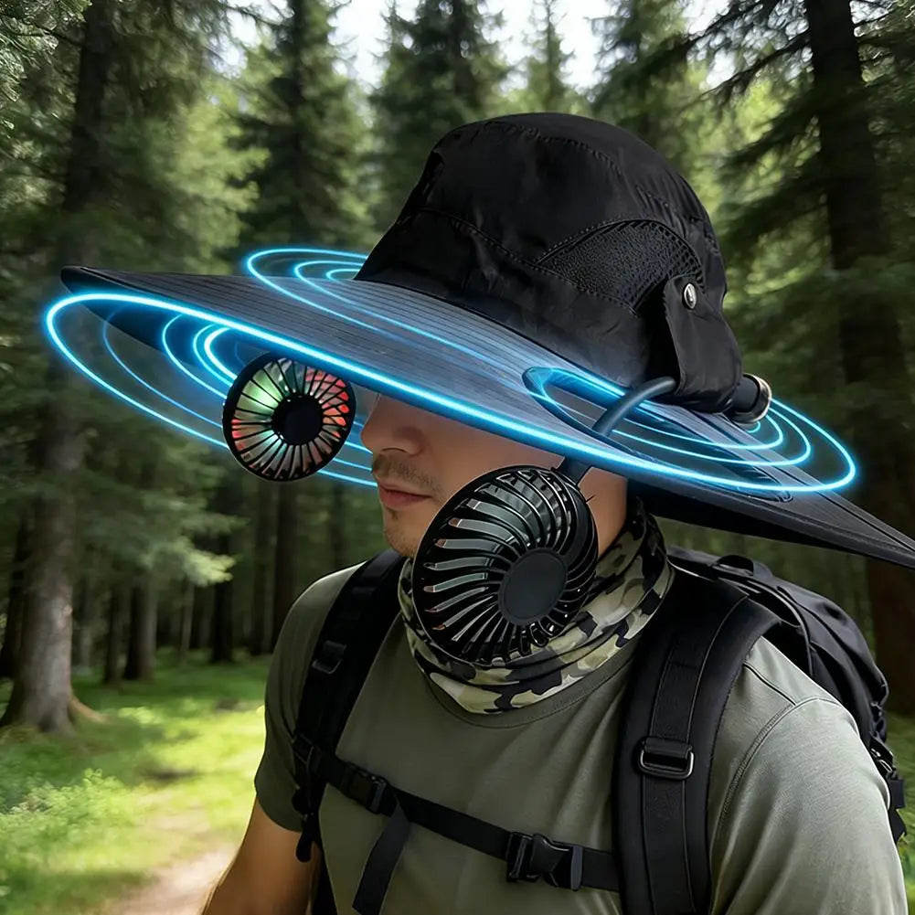 Wide Brim Solar Fan Hat With Dual Fans And USB Charging
