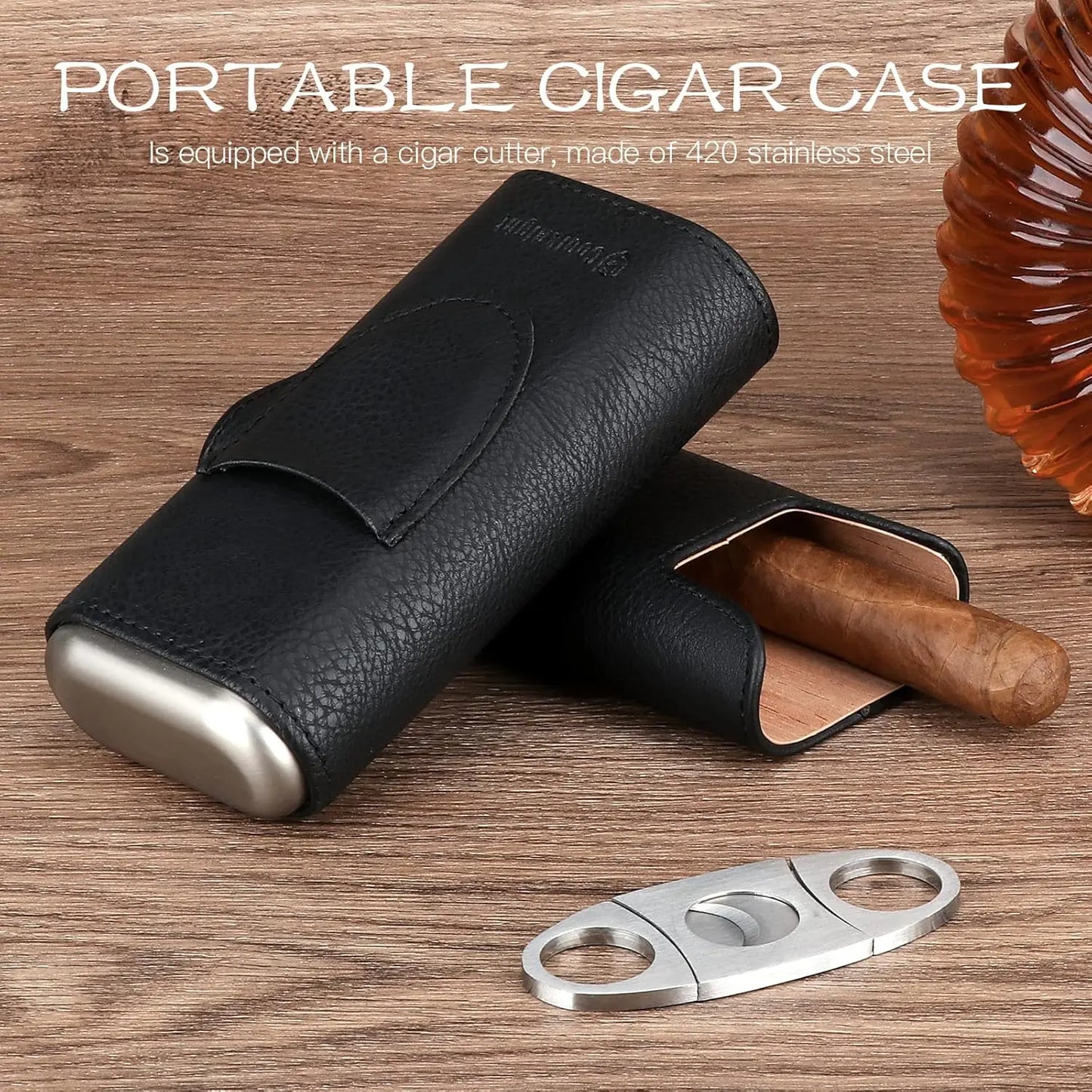 Leather Cigar Case, Cedar Wood Lining Travel Humidors for Cigars, Cigar Accessories Include Stainless Steel Cigar Cutter
