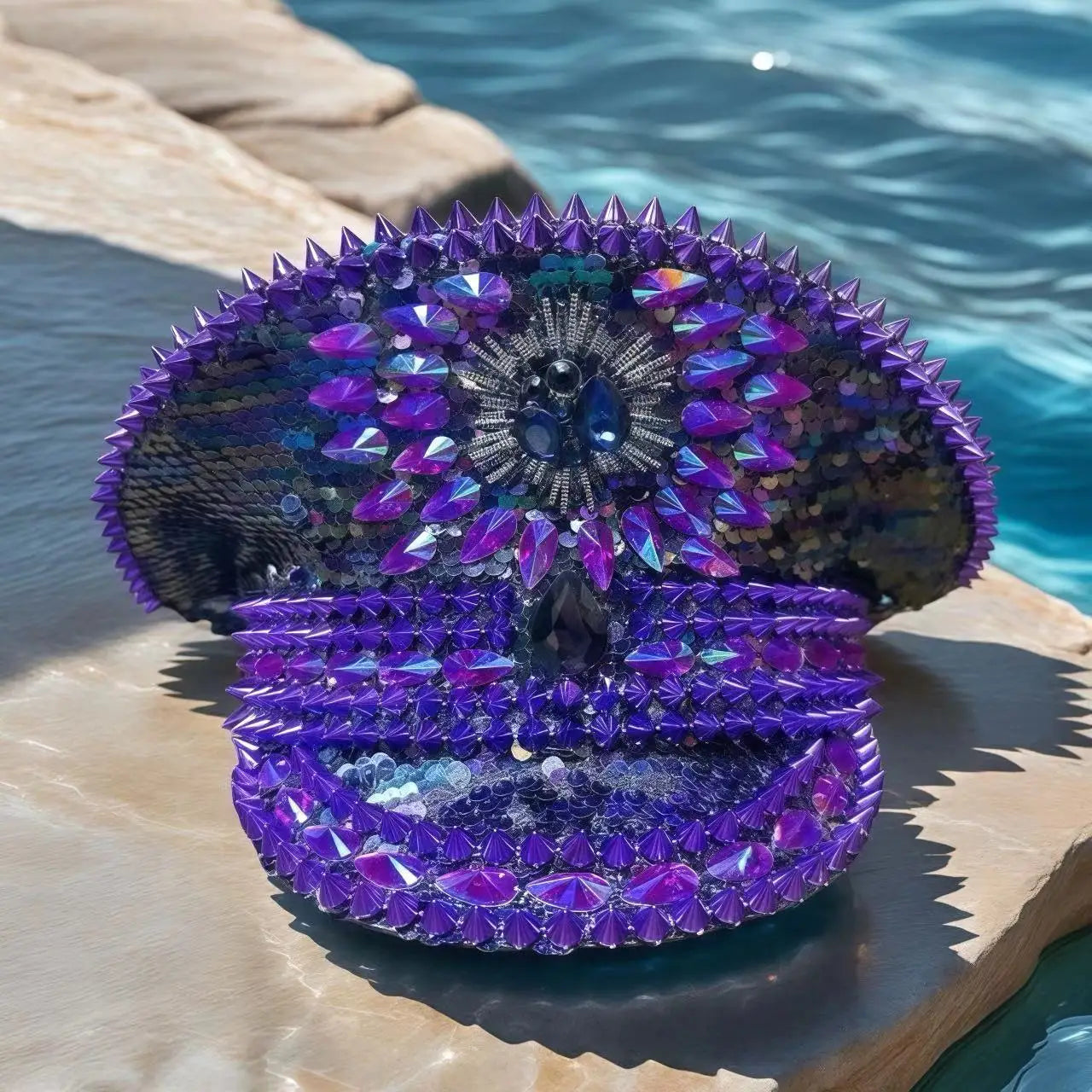 Purple Bling Captain Hat Rhinestone for Woman | Steampunk Military Cap for Burning Man Music Festivals Accessories