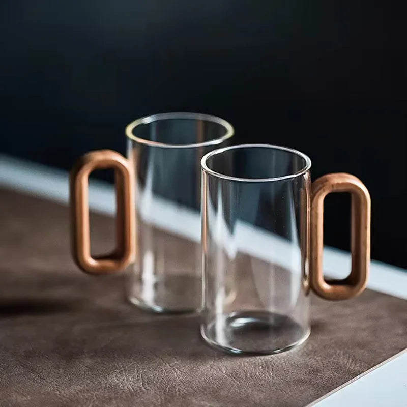 350ml High Borosilicate Glass Coffee Cup with Walnut Wooden Handle Heat-Resistant Glass Home Tea Milk Coffee Mug Breakfast Cups