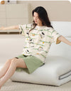 2-Pcs Women’s Cotton Pajama Set – Breathable Short Sleeve Summer Sleepwear with Cute Prints