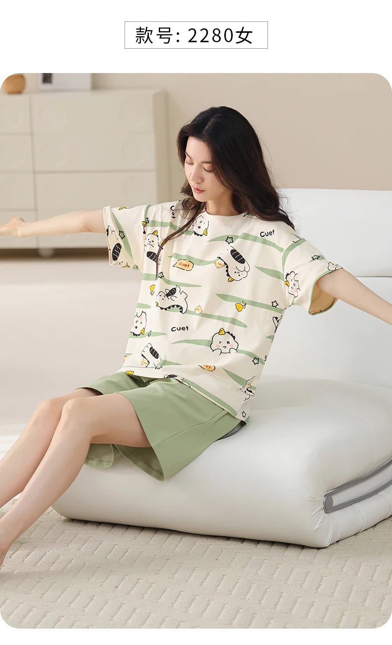 2-Pcs Women’s Cotton Pajama Set – Breathable Short Sleeve Summer Sleepwear with Cute Prints