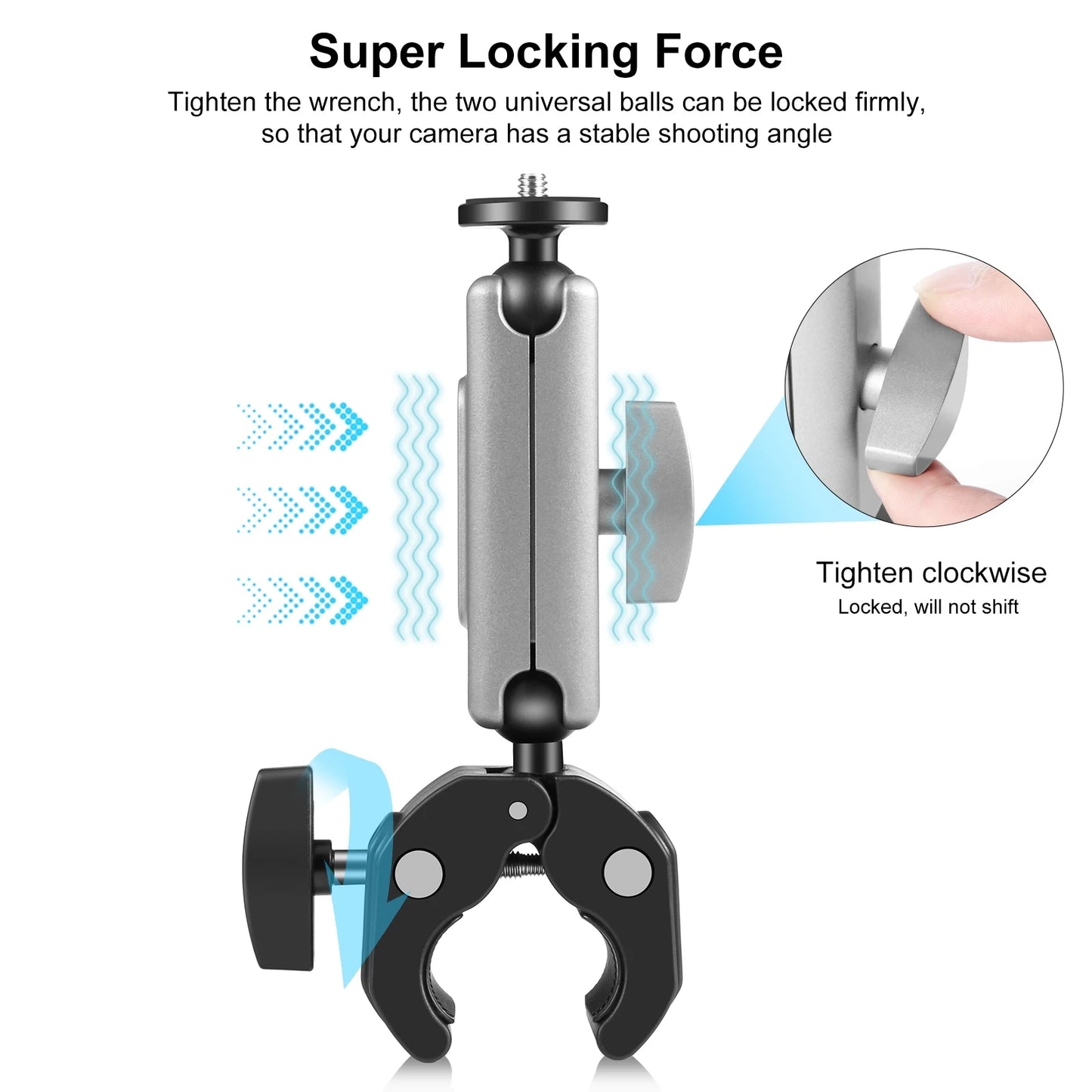 Motorcycle Crab Pliers Clip Arm Mount with Mount Adapter & Long Screw for Gopro/ DJI/ Insta360 Action Cameras & Smartphone