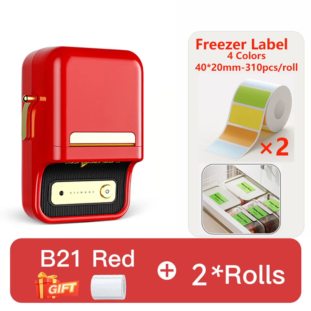 B21 Kitchen Label Printer, Bluetooth Wireless Thermal Label Maker 20–50mm, Inkless Freezer Sticker Printer for Home & Food Storage