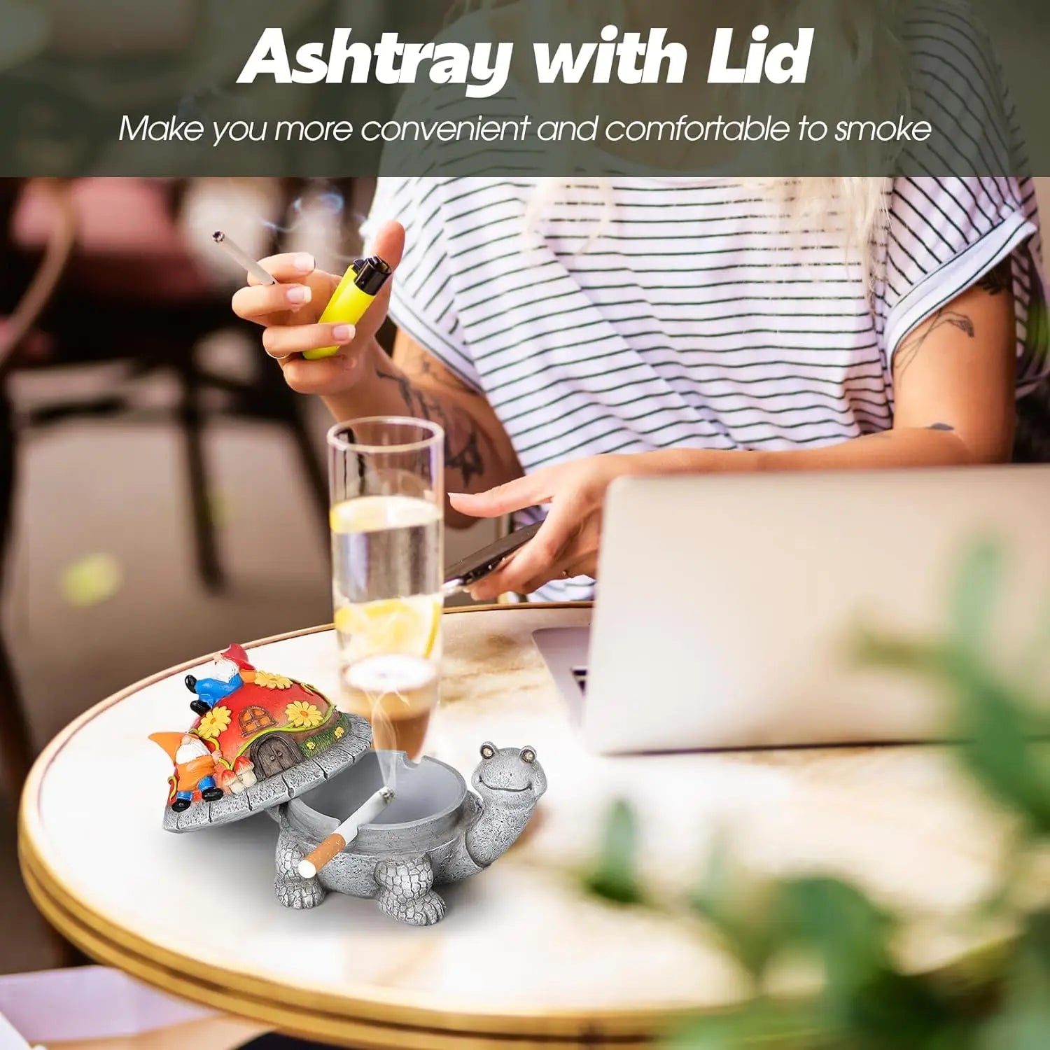 Resin Ashtray with Lid, Waterproof Ash Tray, Turtle Decor, Ashtray for Home Office, Outdoor and Indoor