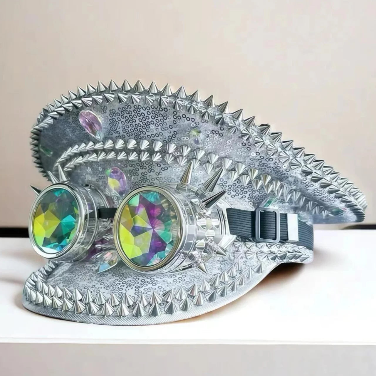 Silver Steampunk Captain Hat Rivet Rhinestone Goggles Masquerade Military Cap Women Sequin Music Festival Handmade Unisex Adult