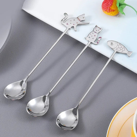 New Cute Cat 304 Stainless Steel Spoon Hollow for Ice Cream Coffee Tea Dessert Spoon Kitchen Tableware Customize Logo Name