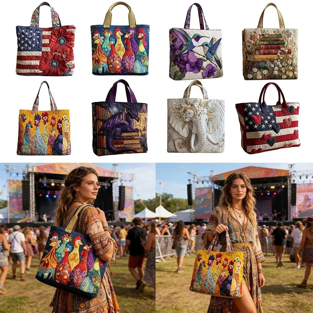 Vintage Quilted Canvas Tote Bag Large Capacity 3D Printed Travel Handbag