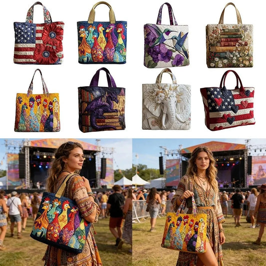 Vintage Quilted Canvas Tote Bag Large Capacity 3D Printed Travel Handbag