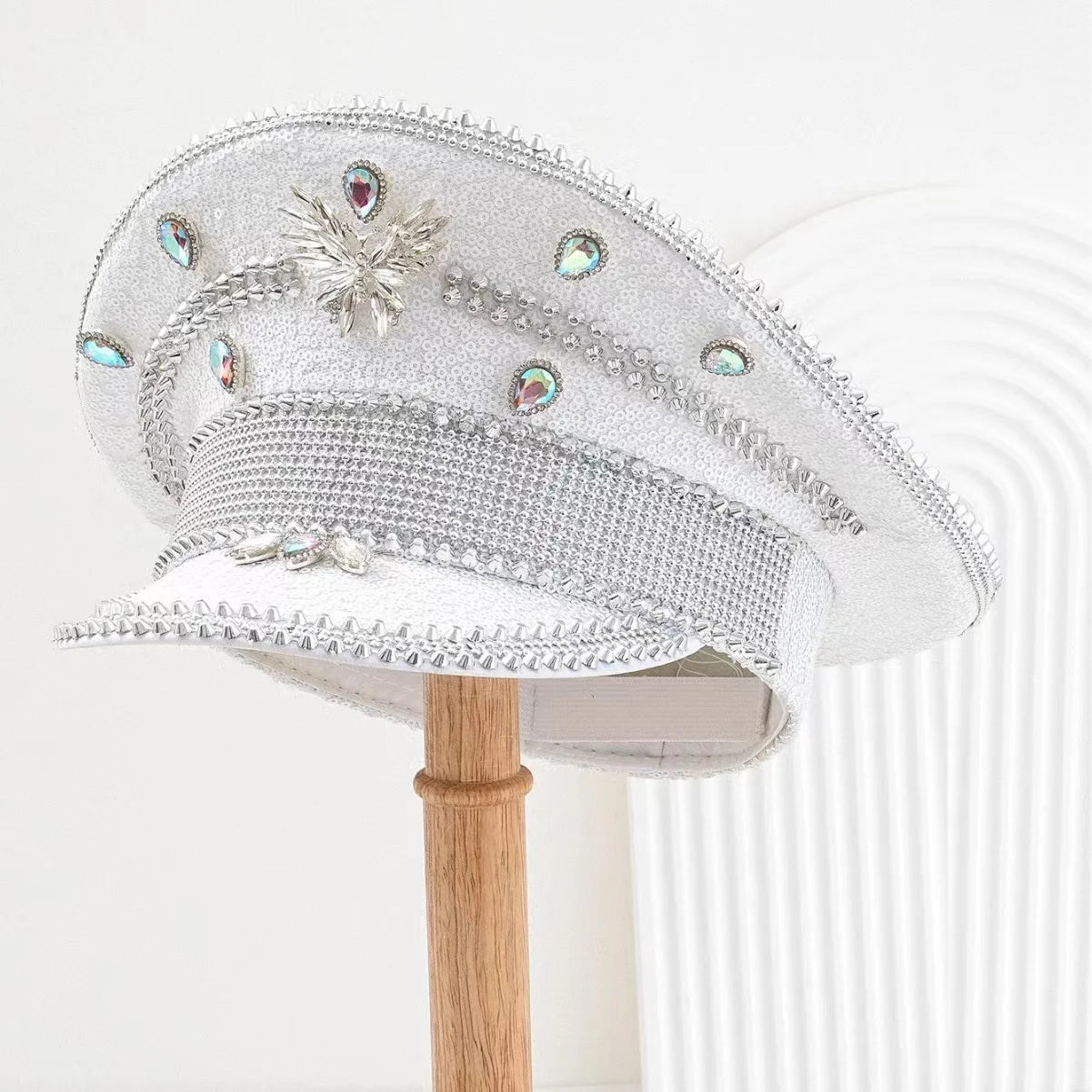 Burning Man White Rainbow Gem Delicate simple little rhinestone Navy Holiday Man Festival Halloween Hat Silver Top Hat