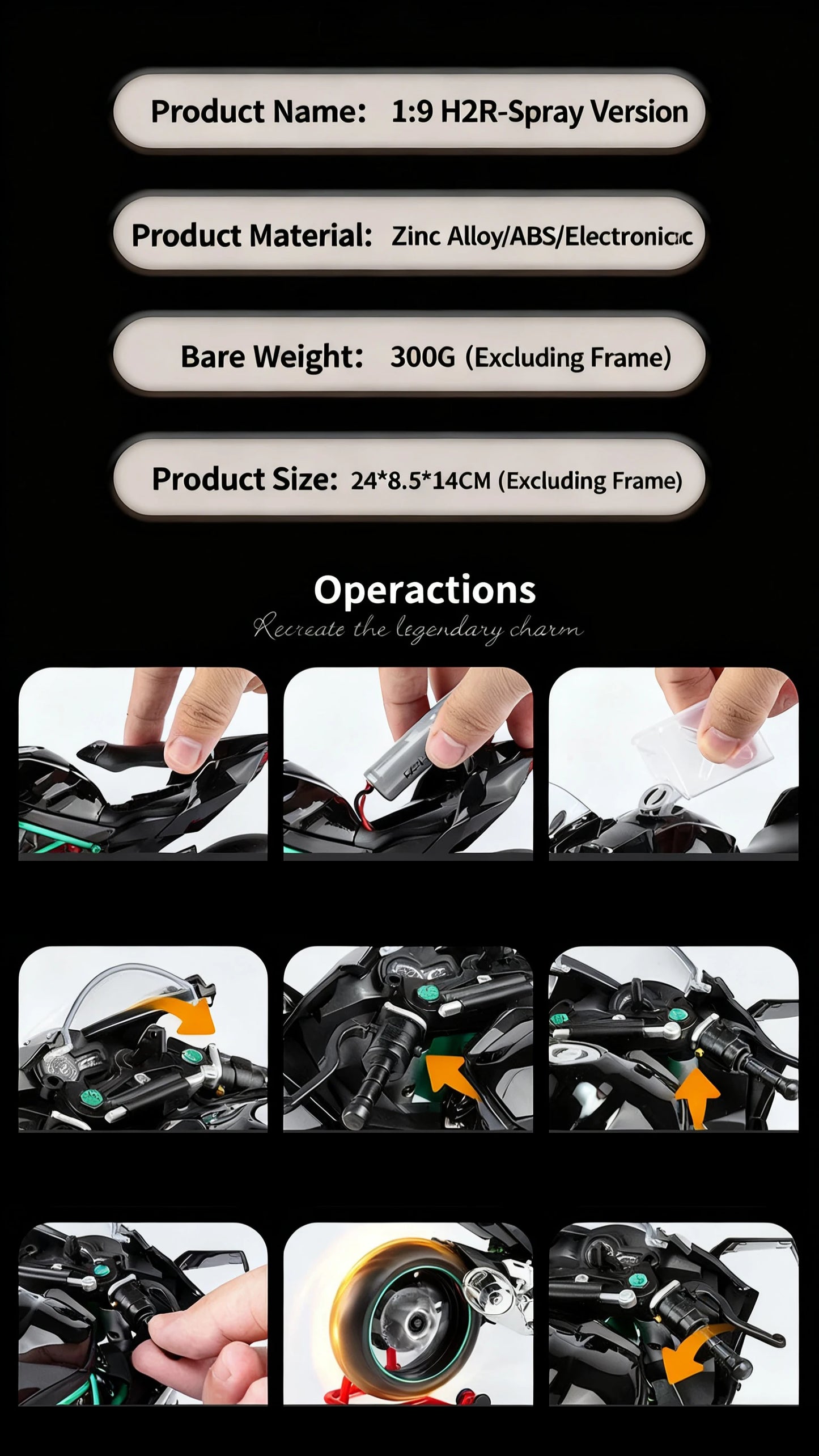 Key Control Diecast H2 H2R Sports Motorcycle Model 1 to 9 Scale