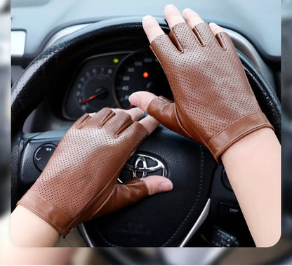 Mens Sheepskin Half Finger Gloves For Fitness Driving High Quality Genuine Leather Gloves Fingerless Brown Driver Sports Motorcy