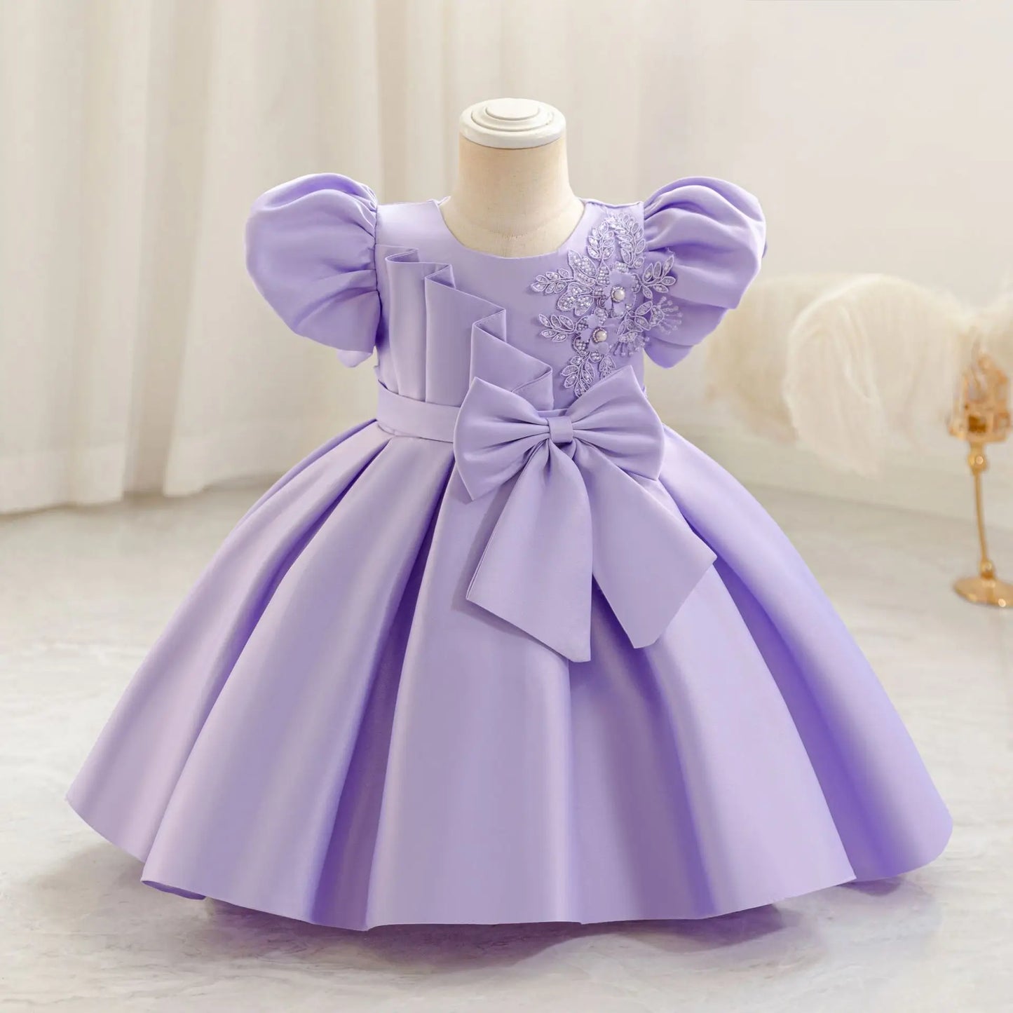 Baby Princess Party Dress with Bow and Bubble Sleeves
