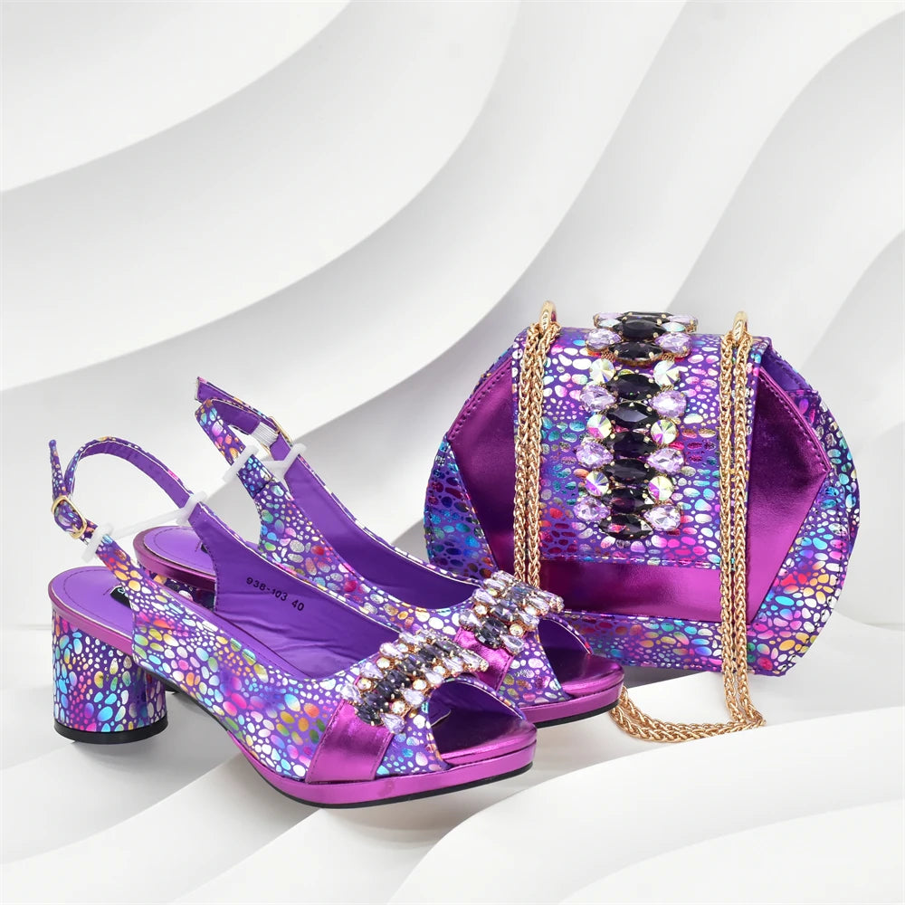 Rhinestone Design INS African Shoes and Bag Set in Silver Color Open Toe Comfortable Women Heels