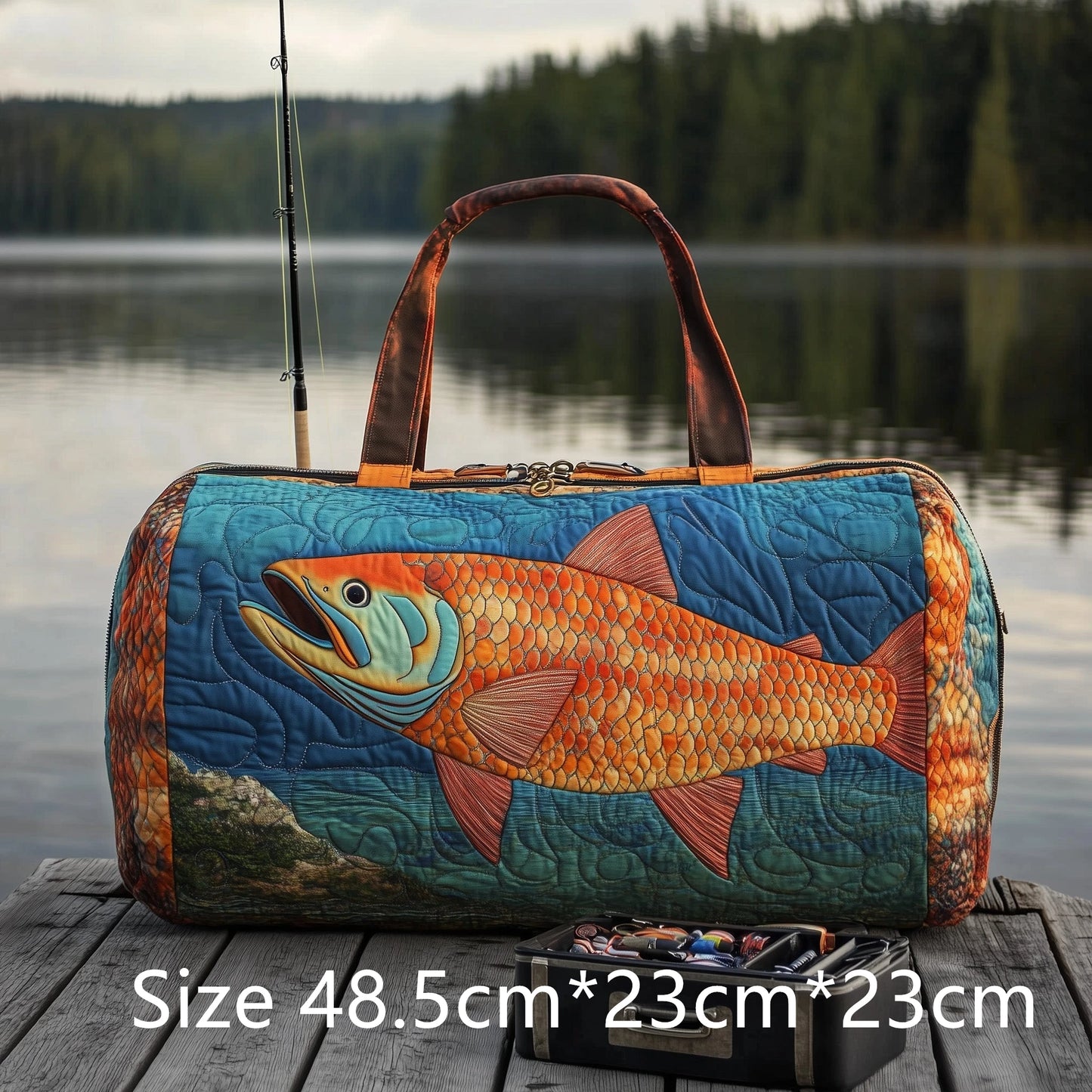 Trout Fishing Quilted Duffel Bag Outdoor Waterproof Gear Bag with 3D Fish Printed Camping Weekender Bag for Anglers Men's Gift