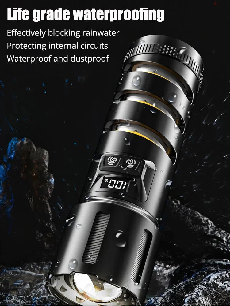 2-in-1 XHP360 High Power Tactical Flashlight Rechargeable Zoom Torch with Camping Light Power Bank Safety Hammer