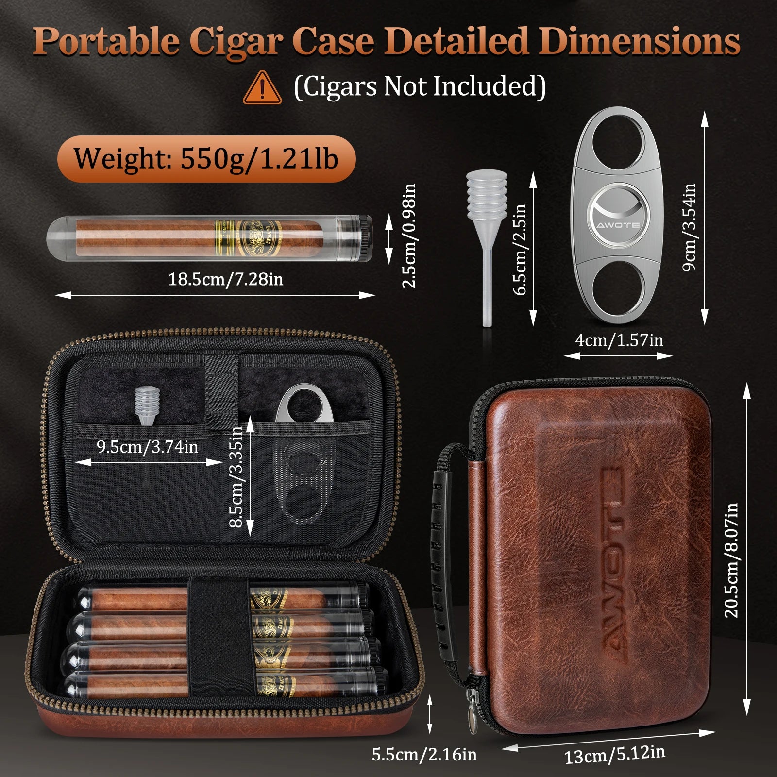 Leather Travel Cigar Humidor with 4 Cigar Tube and Cigar Cutter,Cigar Accessories Gift Set for Men,Lighter not included