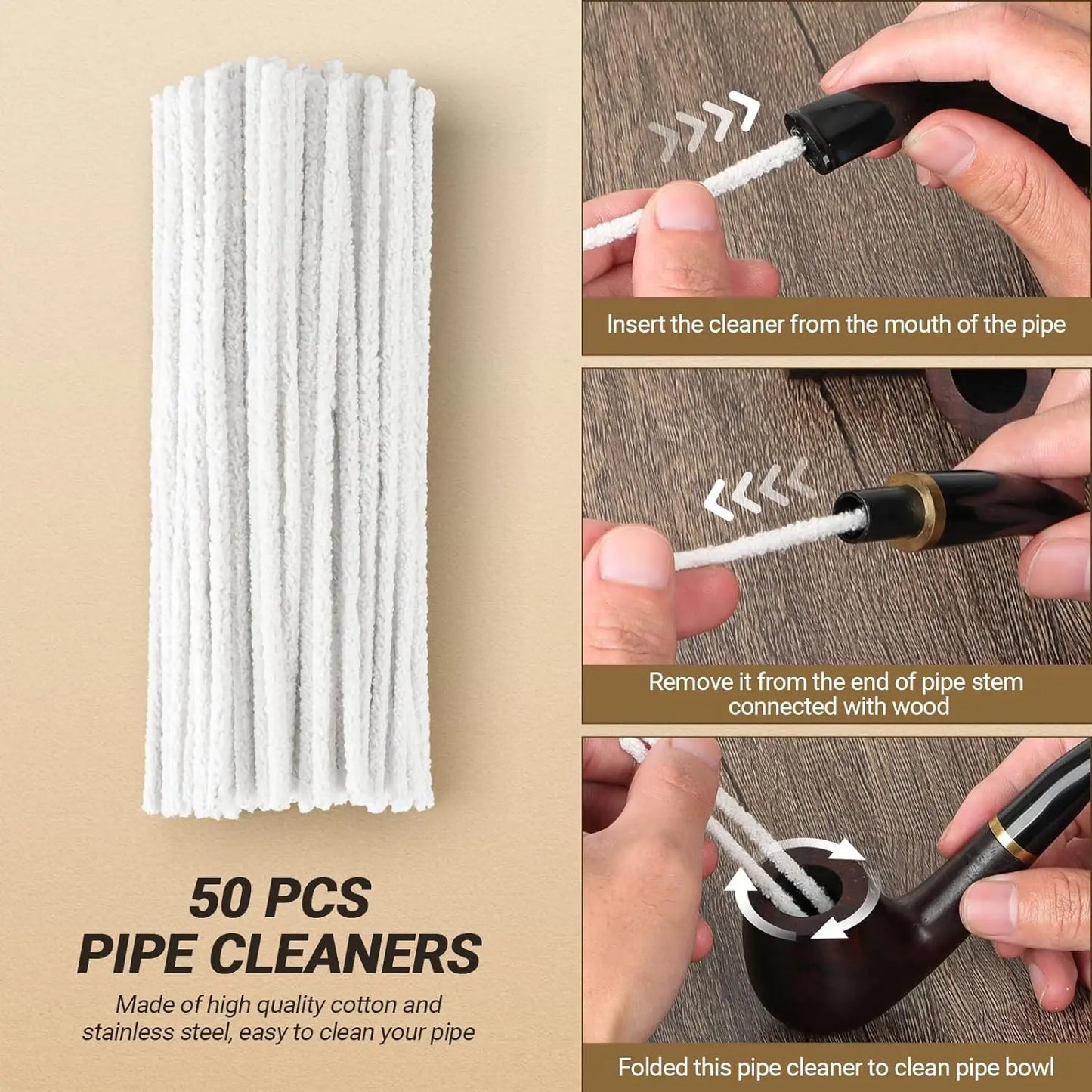 Pipe Accessories Kit, 50 Pipe Cleaners, 20 Metal Balls, 10 Pipe Filters, 3 in 1 Pipe Scraper, Leather Pipe Stand Holder