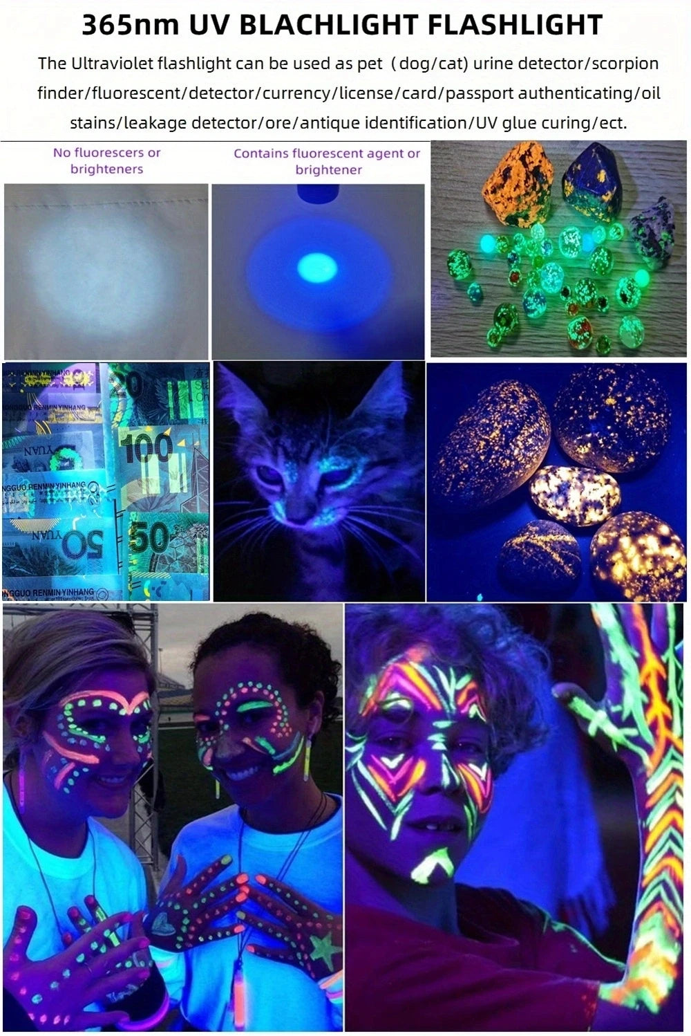 60W 365nm 395nm UV LED Blacklight Flashlight