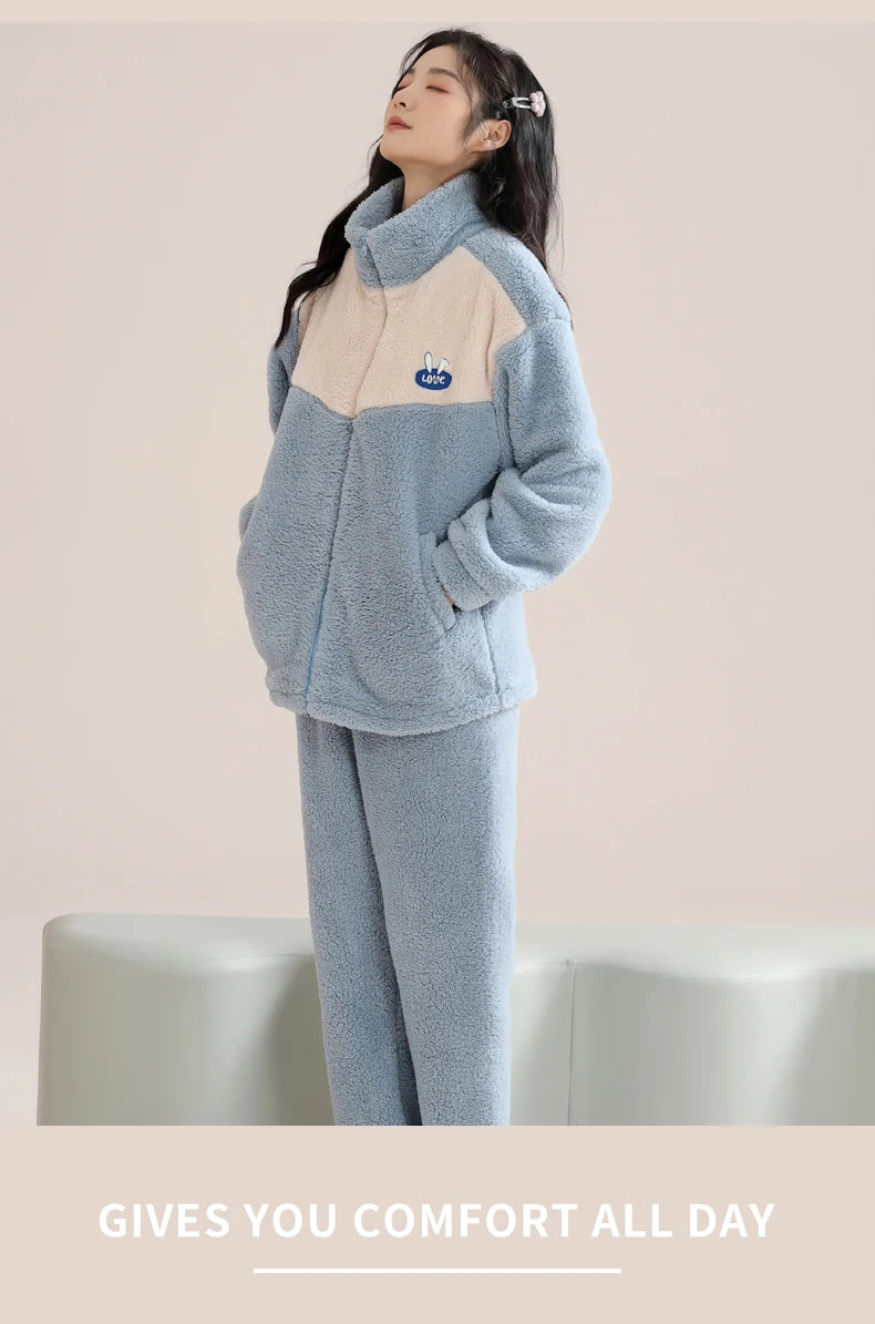 Women’s Christmas Fleece Pajama Set – Warm Flannel Zipper Sleepwear, Thick Coral Velvet