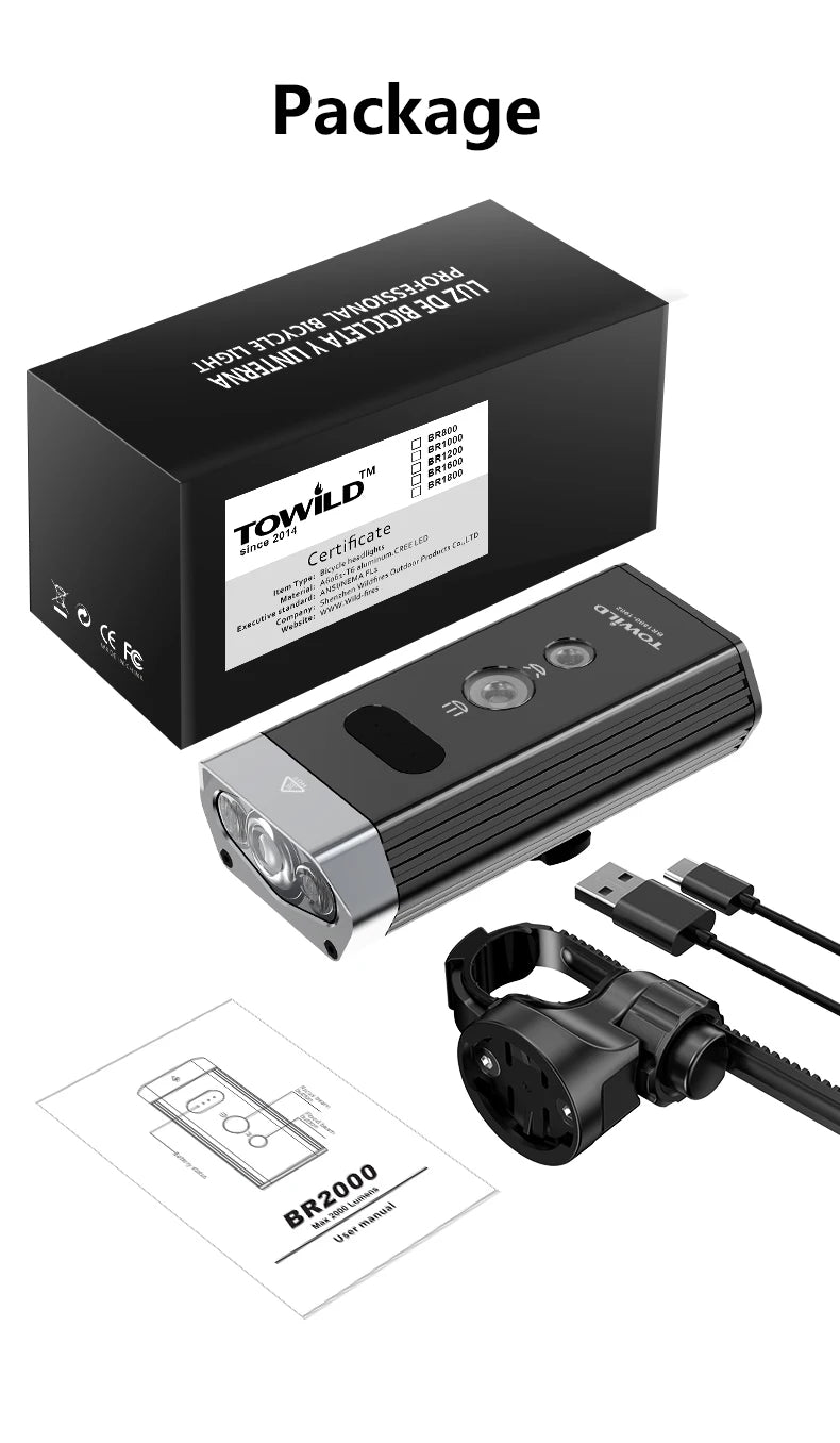 BR1200/2000 Professional Bicycle Light Power Bank Waterproof USB Rechargeable Light Flashlight accessories