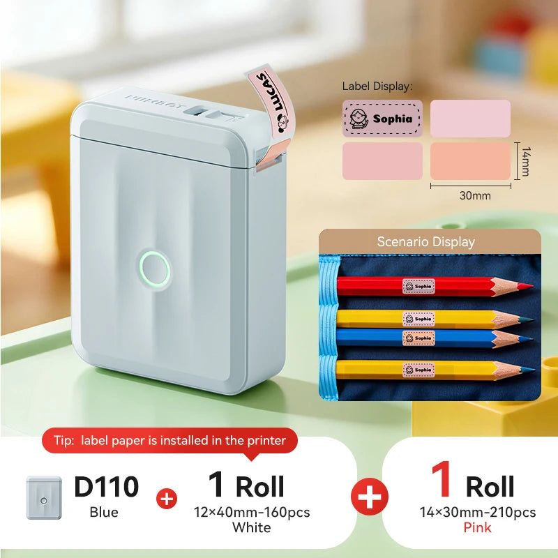 D110 Mini Portable Thermal Label Printer, Bluetooth Smart Label Maker with Adhesive Tape, Inkless 203 DPI for Home, Office & School