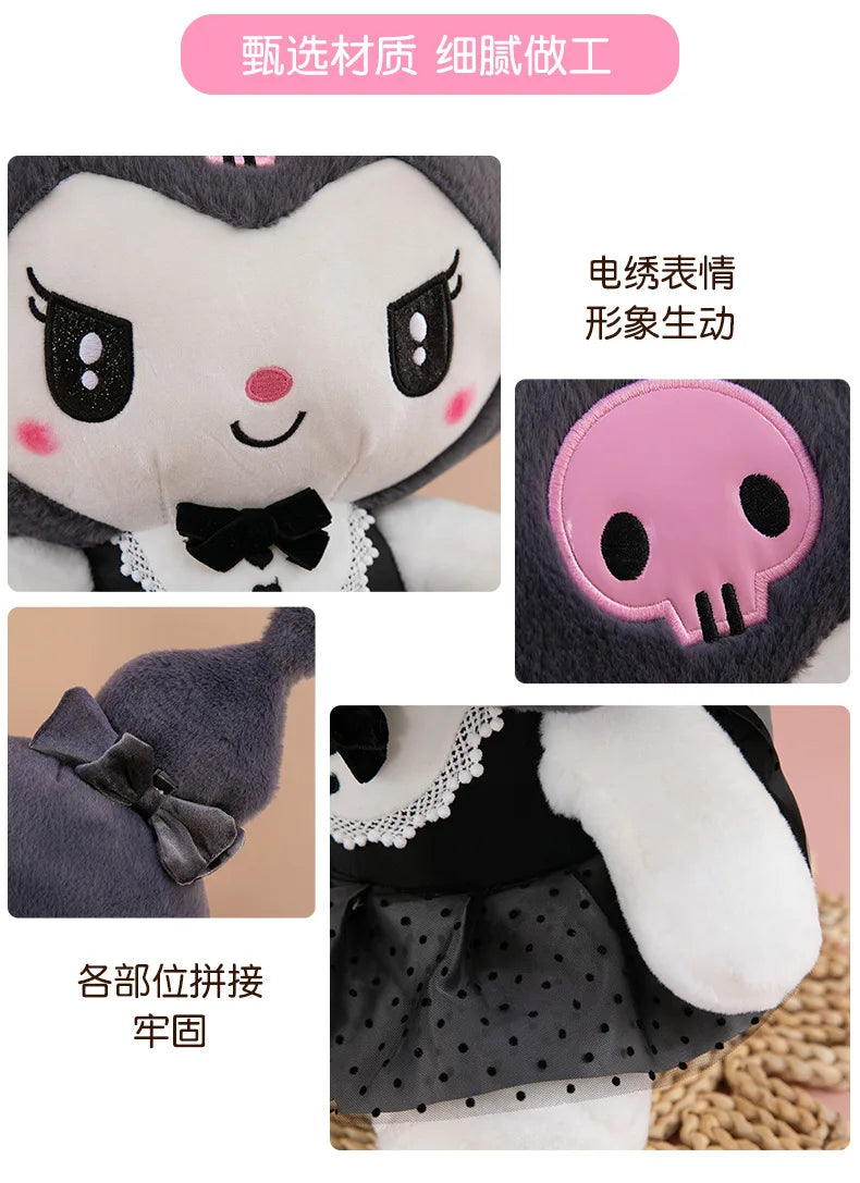 Kawaii Kuromi My Melody Plush Toy with Black Bow Skirt Cute Hello Kitty Stuffed Doll for Kids Birthday Xmas Gift Large Size Toy