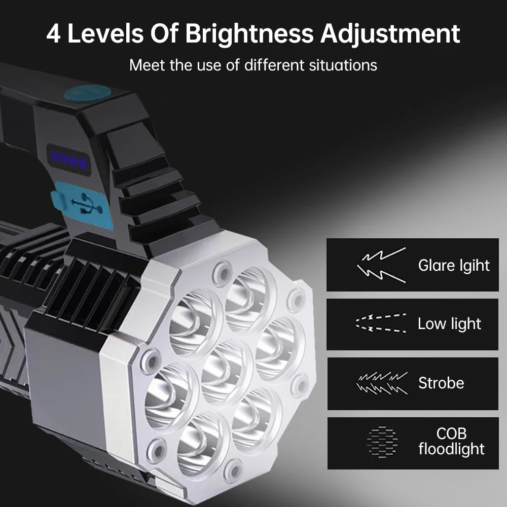 High Power 7 LED Flashlight Rechargeable USB Torch with COB Side Light Portable Outdoor Work Lamp